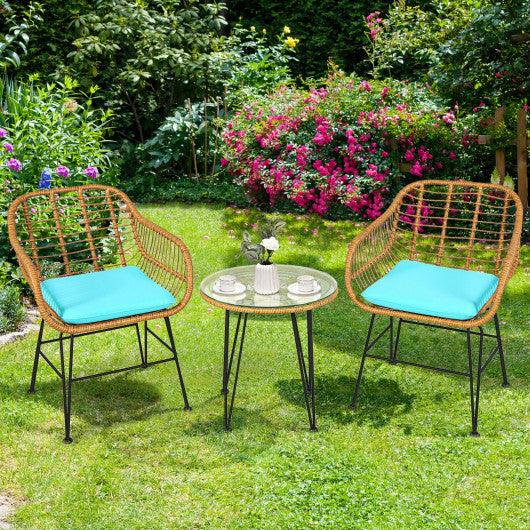 3 Pieces Rattan Furniture Set with Cushioned Chair Table-Turquoise at Set Shop and Smile