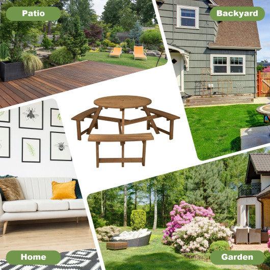 6-person Round Wooden Picnic Table with Umbrella Hole and 3 Built-in Benches-Dark Brown at Set Shop and Smile