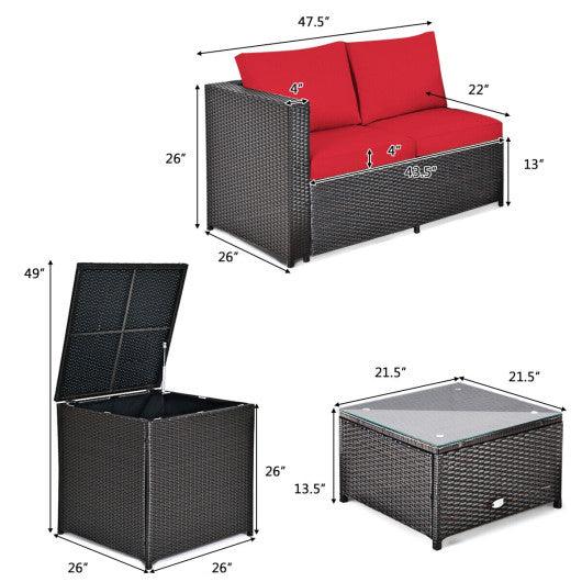 4 Pieces Outdoor Patio Rattan Furniture Set with Cushioned Loveseat and Storage Box-Red at Set Shop and Smile
