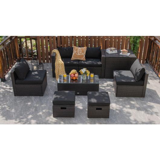 8 Pieces Patio Space-Saving Rattan Furniture Set with Storage Box and Waterproof Cover-Black at Set Shop and Smile