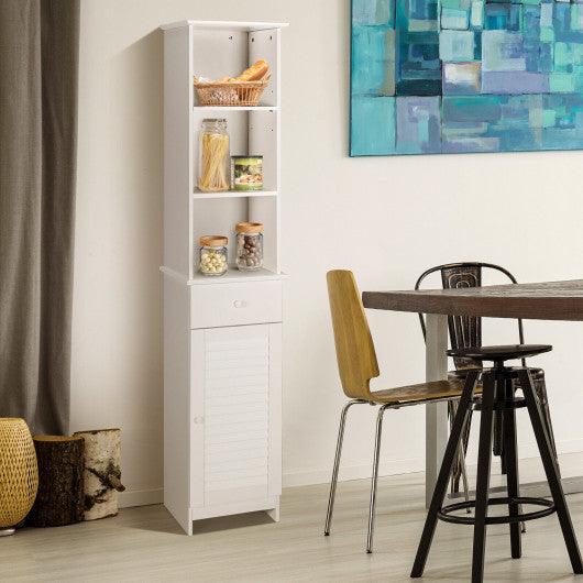 Bathroom Tall Freestanding Storage Cabinet with Open Shelves and Drawer-White at Set Shop and Smile