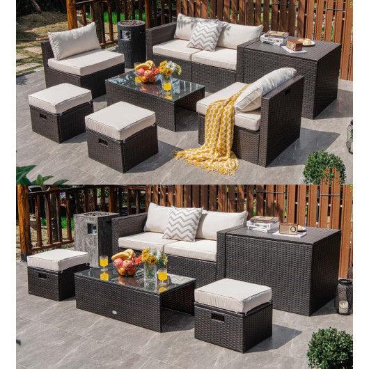 8 Pieces Patio Space-Saving Rattan Furniture Set with Storage Box and Waterproof Cover-White at Set Shop and Smile
