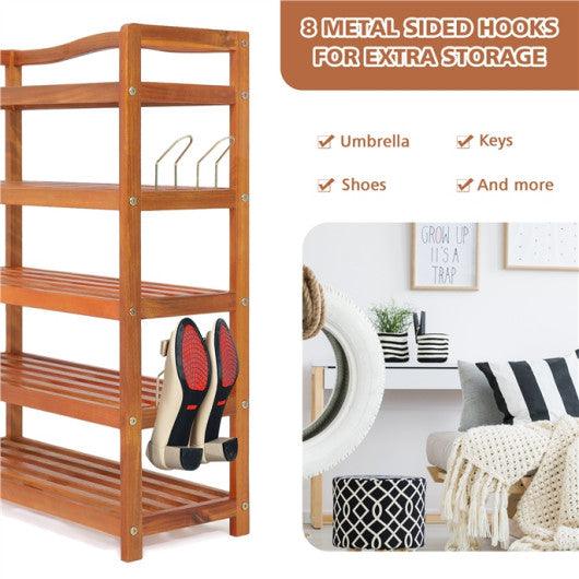 5-Tier Acacia Wood Shoe Rack with Side Metal Hooks at Set Shop and Smile