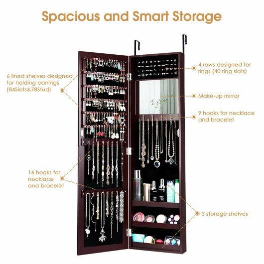 Full Length Mirror Jewelry Cabinet with Ring Slots and Necklace Hooks-Dark Brown at Set Shop and Smile