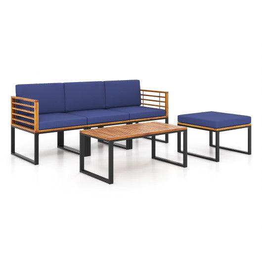 5-Piece Patio Acacia Wood Chair Set with Ottoman and Coffee Table-Navy at Set Shop and Smile