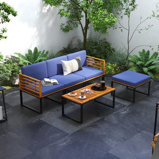 5-Piece Patio Acacia Wood Chair Set with Ottoman and Coffee Table-Navy at Set Shop and Smile