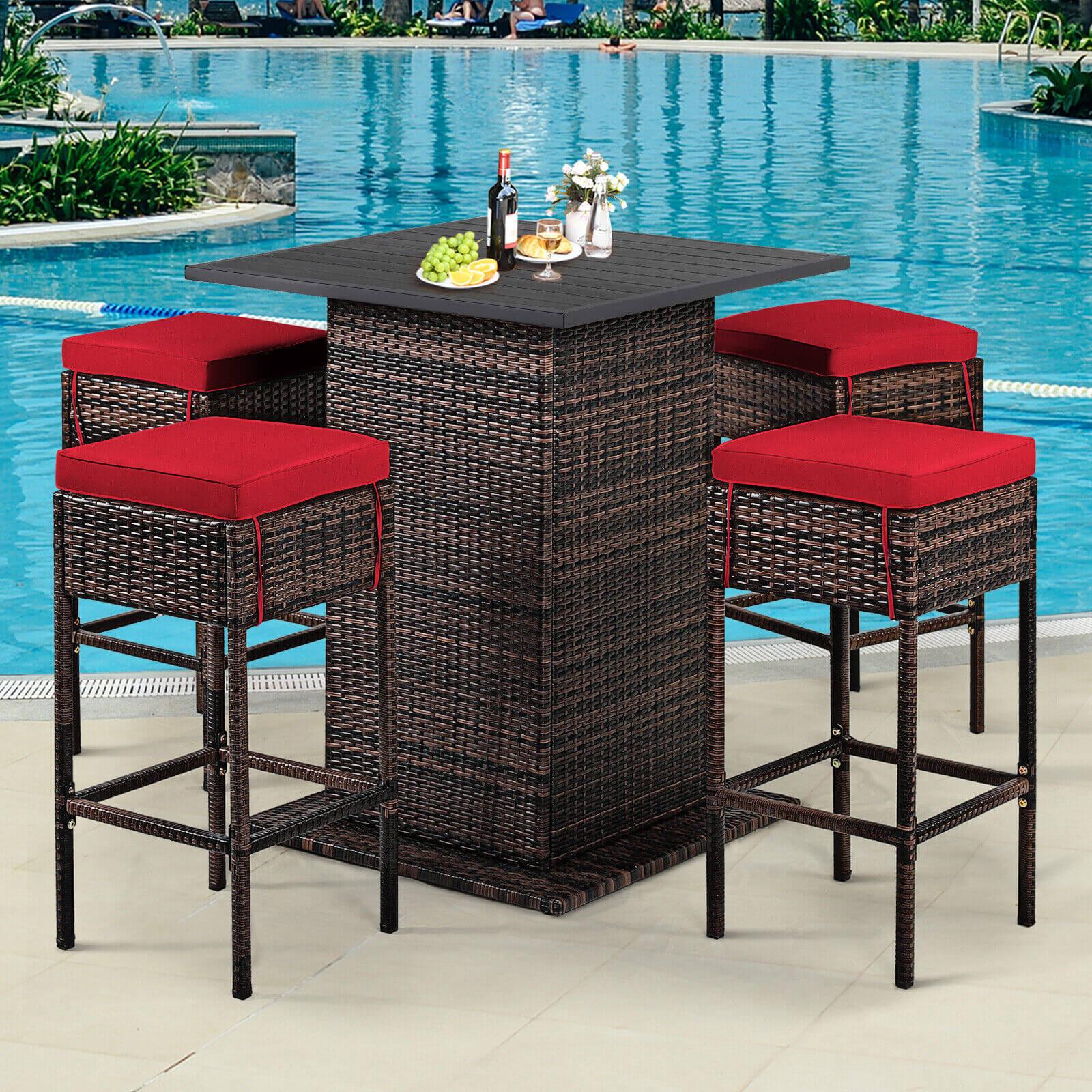 5 Pieces Patio Rattan Bar Table Stool Set Hidden Storage Shelf Cushioned-Red at Set Shop and Smile