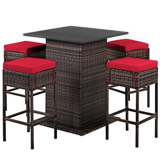 5 Pieces Patio Rattan Bar Table Stool Set Hidden Storage Shelf Cushioned-Red at Set Shop and Smile