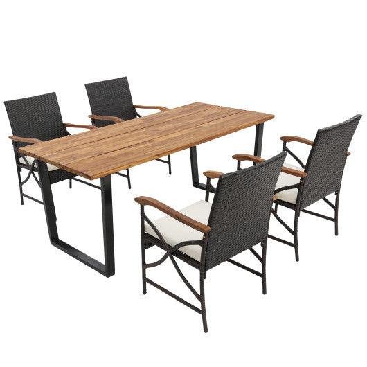 5 Pieces Patio Rattan Dining Set with Acacia Wood Tabletop and Armrests at Set Shop and Smile