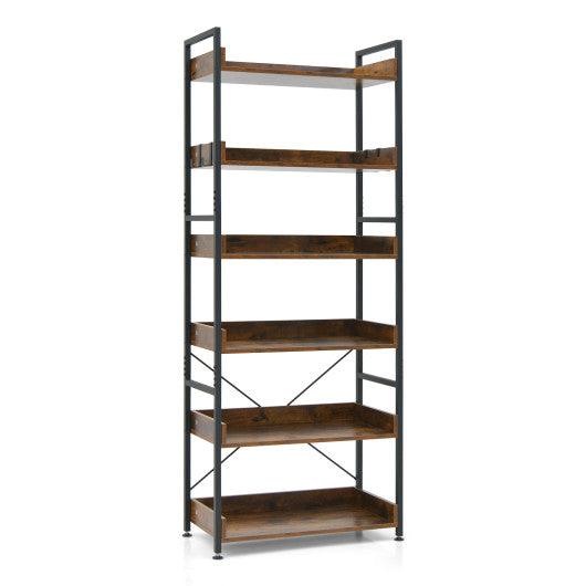 6-Tier Tall Industrial Bookcase with Open Shelves and 4 Hooks-Brown at Set Shop and Smile