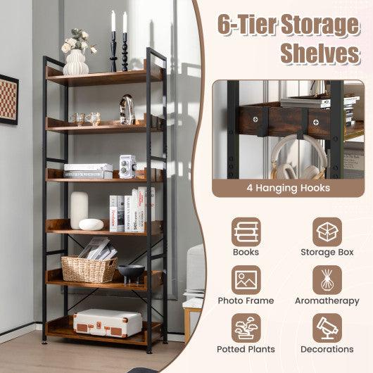 6-Tier Tall Industrial Bookcase with Open Shelves and 4 Hooks-Brown at Set Shop and Smile