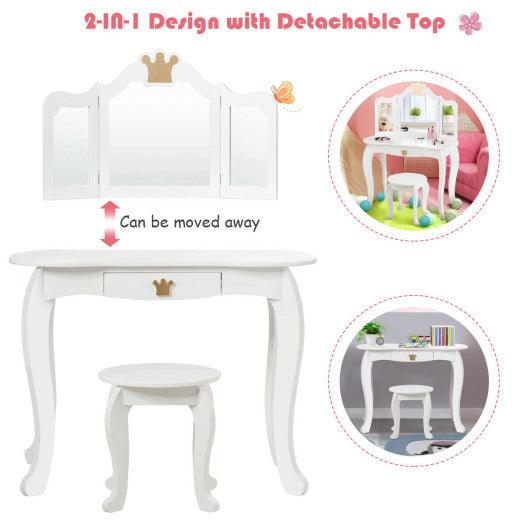 Kids Makeup Dressing Table with Tri-folding Mirror and Stool-White at Set Shop and Smile