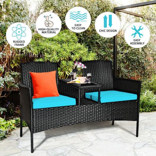 Wicker Patio Conversation Furniture Set with Removable Cushions and Table-Turquoise at Set Shop and Smile