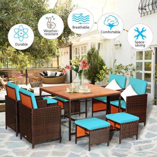 9 Pieces Patio Rattan Dining Cushioned Chairs Set-Turquoise at Set Shop and Smile