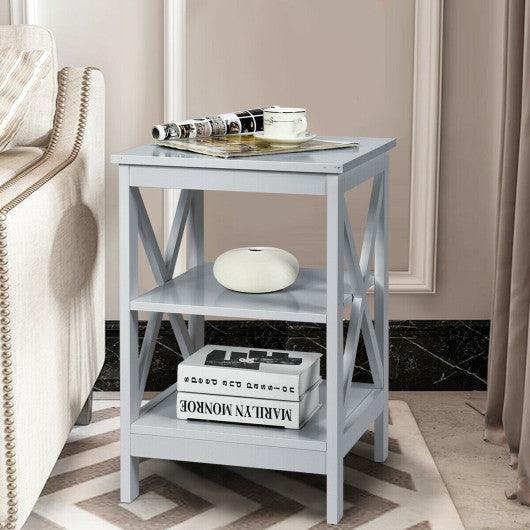 3-Tier Nightstand End Table with X Design Storage -Gray at Set Shop and Smile