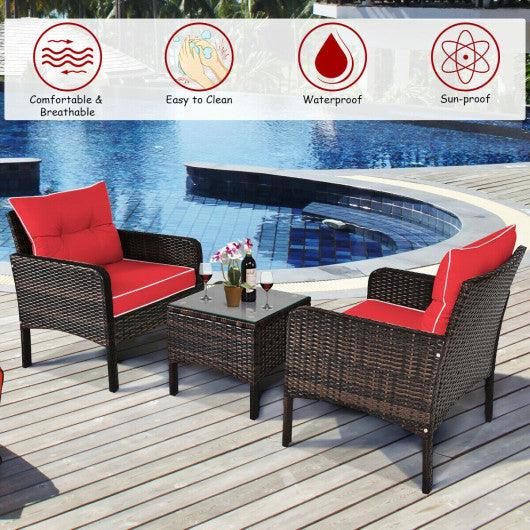 3 Pcs Outdoor Patio Rattan Conversation Set with Seat Cushions-Red at Set Shop and Smile