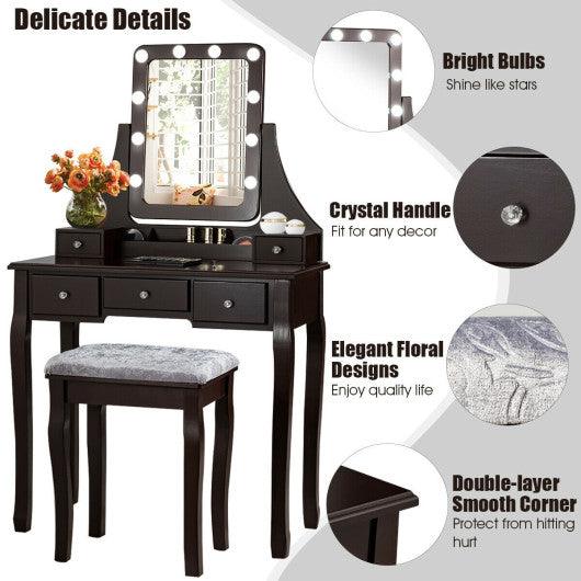 Vanity Dressing Table Set with 10 Dimmable Bulbs and Cushioned Stool-Brown at Set Shop and Smile