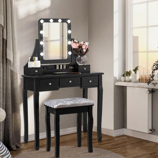 Vanity Dressing Table Set with 10 Dimmable Bulbs and Cushioned Stool-Black at Set Shop and Smile