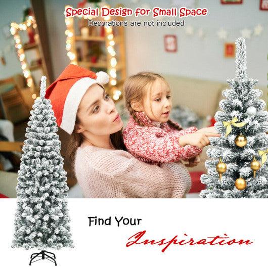 6 Feet Unlit Hinged Snow Flocked Artificial Pencil Christmas Tree with 500 Branch Tip at Set Shop and Smile
