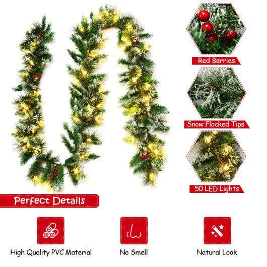 9 Feet Pre-lit Snow Flocked Tips Christmas Garland with Red Berries at Set Shop and Smile