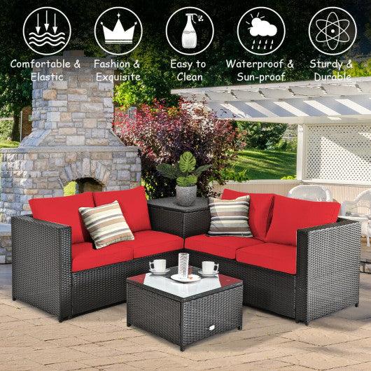 4 Pieces Outdoor Patio Rattan Furniture Set with Cushioned Loveseat and Storage Box-Red at Set Shop and Smile