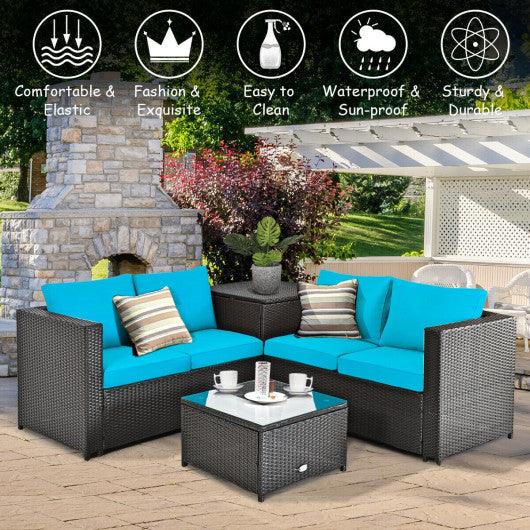 4 Pieces Outdoor Patio Rattan Furniture Set with Cushioned Loveseat and Storage Box-Turquoise at Set Shop and Smile