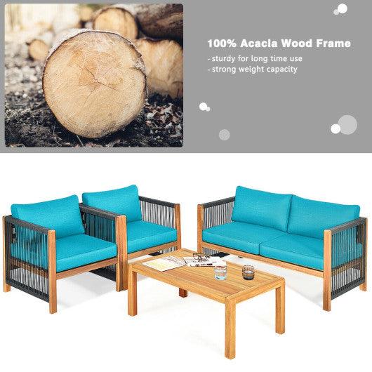 4 Pcs Acacia Wood Outdoor Patio Furniture Set with Cushions-Turquoise at Set Shop and Smile