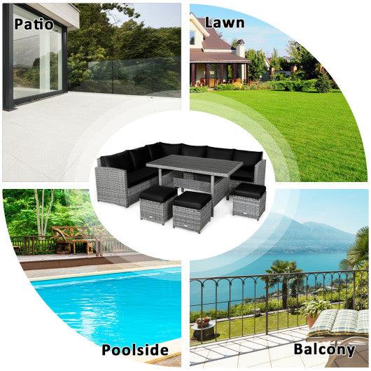 7 Pieces Patio Rattan Dining Furniture Sectional Sofa Set with Wicker Ottoman-Black at Set Shop and Smile