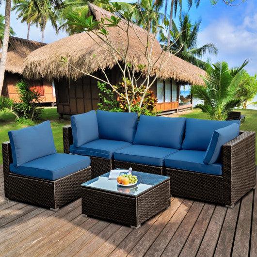 5 Pieces Cushioned Patio Rattan Furniture Set with Glass Table-Navy at Set Shop and Smile