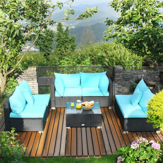 7-Piece Outdoor Sectional Wicker Patio Sofa Set with Tempered Glass Top-Blue at Set Shop and Smile