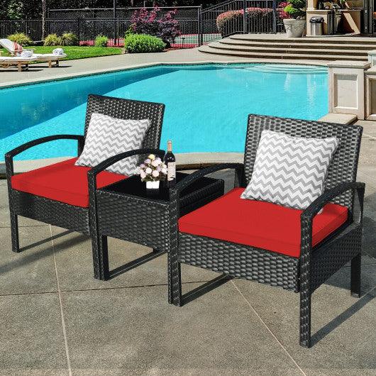 3 Pieces Outdoor Rattan Patio Conversation Set with Seat Cushions-Red at Set Shop and Smile