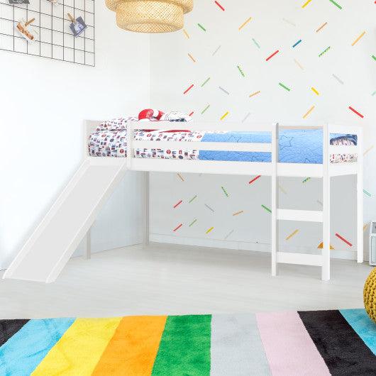 Twin Size Low Sturdy Loft Bed with Slide Wood-White at Set Shop and Smile