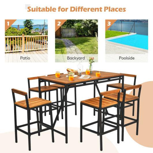 7 Pieces Acacia Wood Patio Rattan Bar Set with Umbrella Hole at Set Shop and Smile