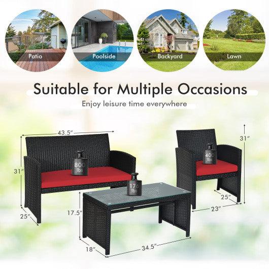 4 Pieces Rattan Patio Furniture Set with Weather Resistant Cushions and Tempered Glass Tabletop-Red at Set Shop and Smile
