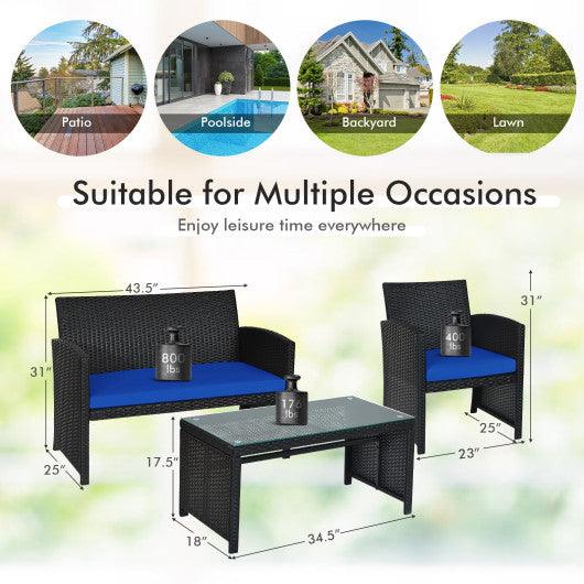 4 Pieces Rattan Patio Furniture Set with Weather Resistant Cushions and Tempered Glass Tabletop-Navy at Set Shop and Smile
