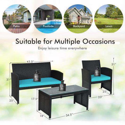 4 Pieces Rattan Patio Furniture Set with Weather Resistant Cushions and Tempered Glass Tabletop-Turquoise at Set Shop and Smile