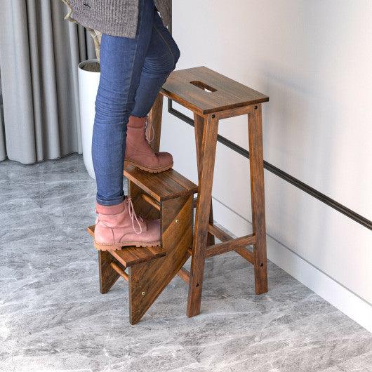 3-in-1 Rubber Wood 3 Tier Folding Step Stool Ladder Storage Shelf-Coffee at Set Shop and Smile