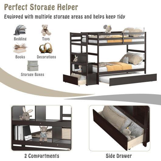 Twin Over Twin Bunk Bed with Storage Shelf and Drawer-Dark Brown at Set Shop and Smile
