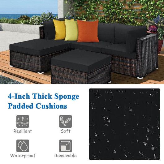 5 Pieces Patio Sectional Rattan Furniture Set with Ottoman Table-Black at Set Shop and Smile