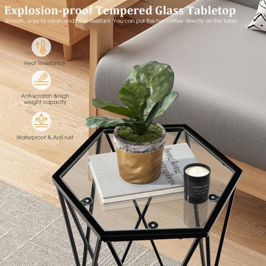 Hexagonal Accent End Table with Tempered Glass Top and Metal Frame at Set Shop and Smile