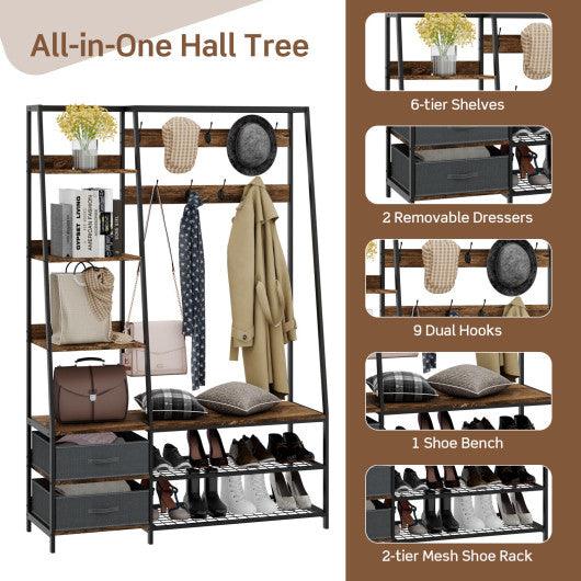 6-in-1 Freestanding Hall Tree Coat Rack with Bench and Fabric Dressers-Rustic Brown at Set Shop and Smile