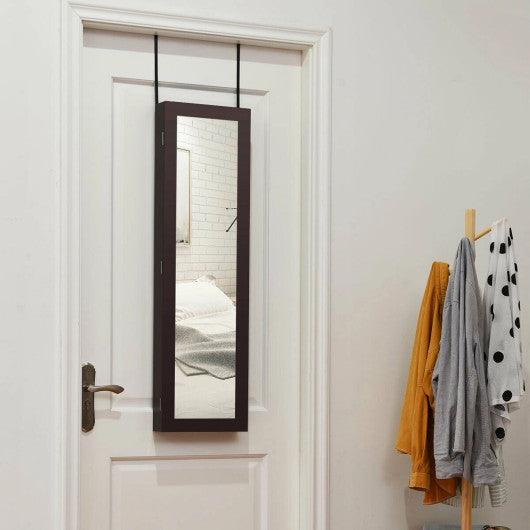 Full Length Mirror Jewelry Cabinet with Ring Slots and Necklace Hooks-Dark Brown at Set Shop and Smile