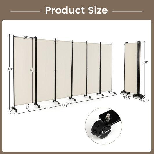 6 Panel 5.7 Feet Tall Rolling Room Divider on Wheels-White at Set Shop and Smile