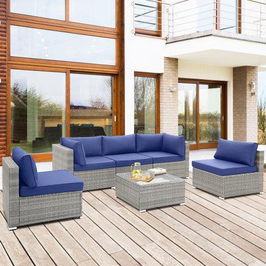 6 Piece Patio Conversation Sofa Set with Tempered Glass Coffee Table-Navy at Set Shop and Smile