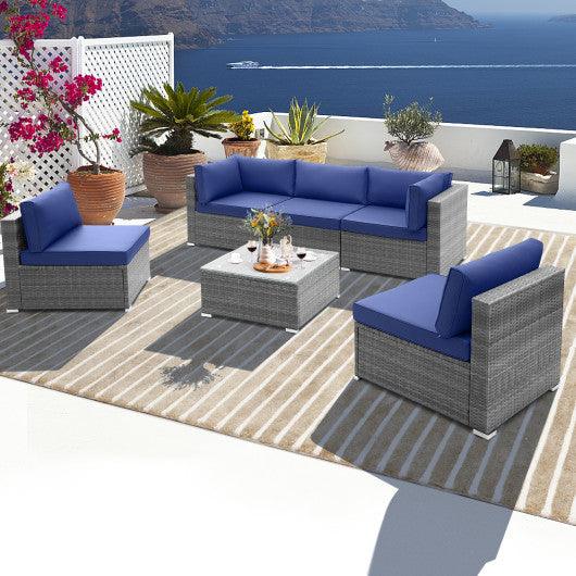 6 Piece Patio Conversation Sofa Set with Tempered Glass Coffee Table-Navy at Set Shop and Smile