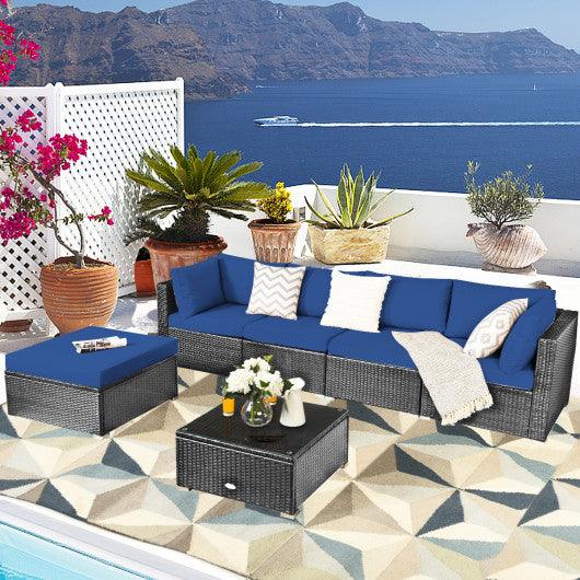 6 Pieces Outdoor Rattan Sofa Set with Seat and Back Cushions-Navy at Set Shop and Smile
