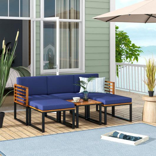 6 Piece Patio Acacia Wood Conversation Sofa Set with Ottomans and Coffee Table-Navy at Set Shop and Smile