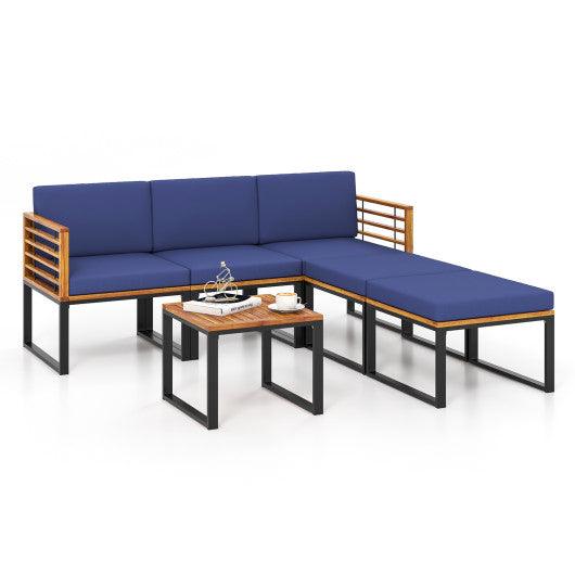 6 Piece Patio Acacia Wood Conversation Sofa Set with Ottomans and Coffee Table-Navy at Set Shop and Smile