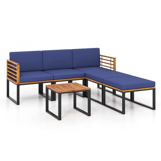 6 Piece Patio Acacia Wood Conversation Sofa Set with Ottomans and Coffee Table-Navy at Set Shop and Smile