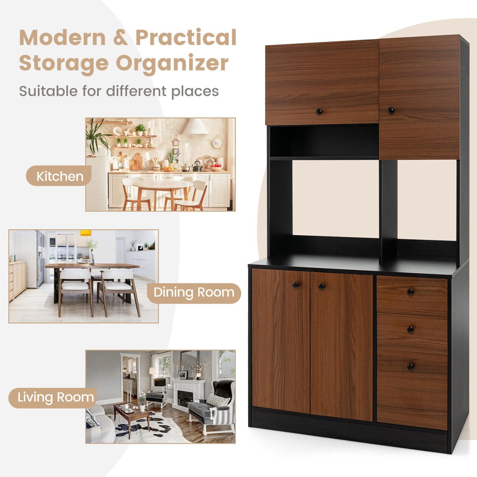 71 Inch Kitchen Pantry with 3 Storage Cabinet and 3 Deep Drawers-Walnut at Set Shop and Smile